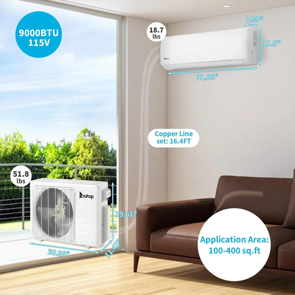 9000 BTU Wifi Enabled 19 Seer Mini Split Air Conditioner & Heater AC 115V