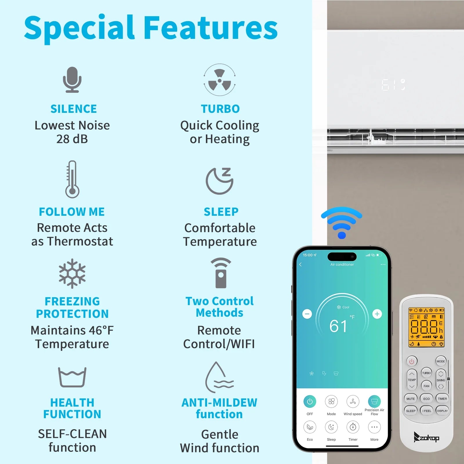 9000 BTU Wifi Enabled 19 Seer Mini Split Air Conditioner & Heater AC 115V
