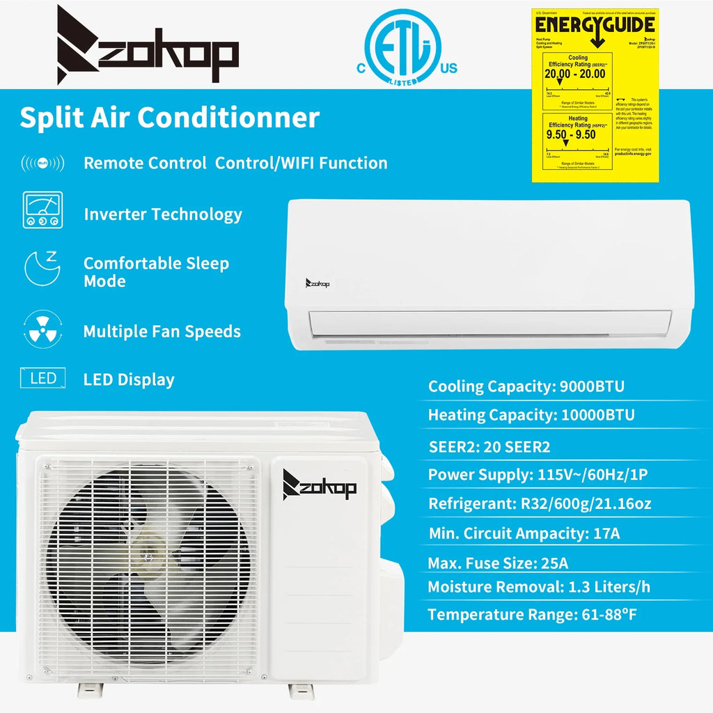 9000 BTU Wifi Enabled 19 Seer Mini Split Air Conditioner & Heater AC 115V