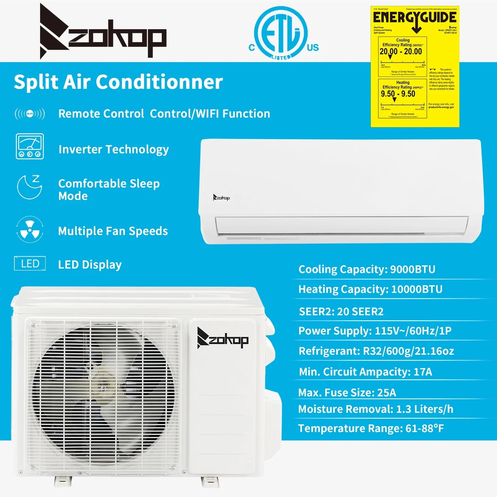 9000 BTU Wifi Enabled 19 Seer Mini Split Air Conditioner & Heater AC 115V